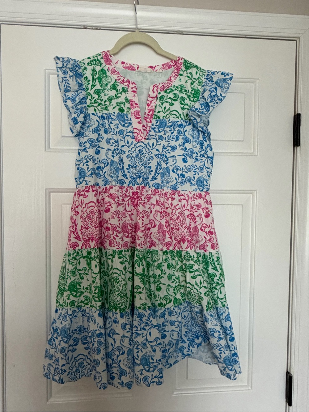 Roller Rabbit Aitona Pippa Split V-Neck Flutter Cap Sleeve Poplin Dress tiered